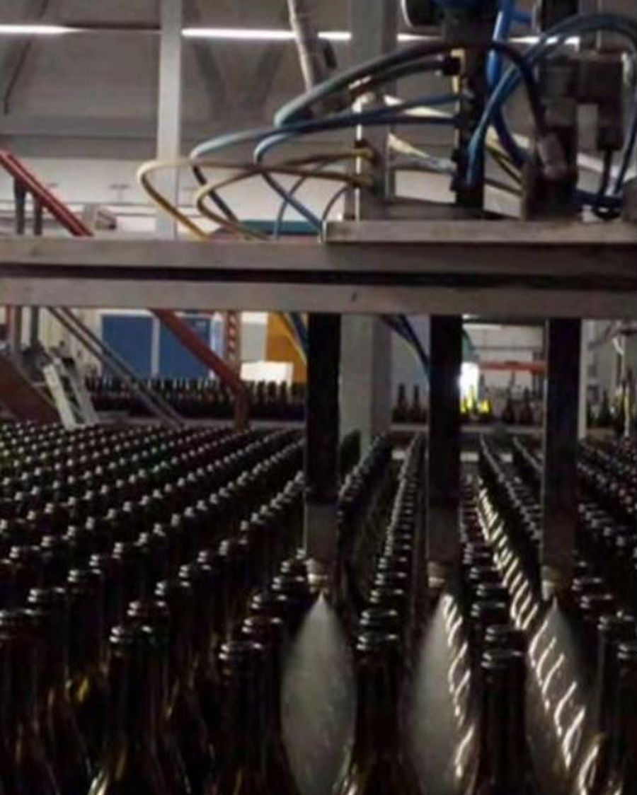 Bottles on a production line under a spray bridge