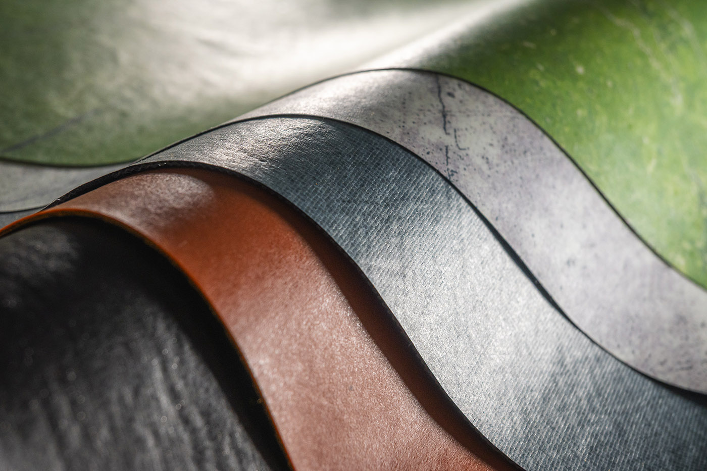 Coated textile swatches, fanned